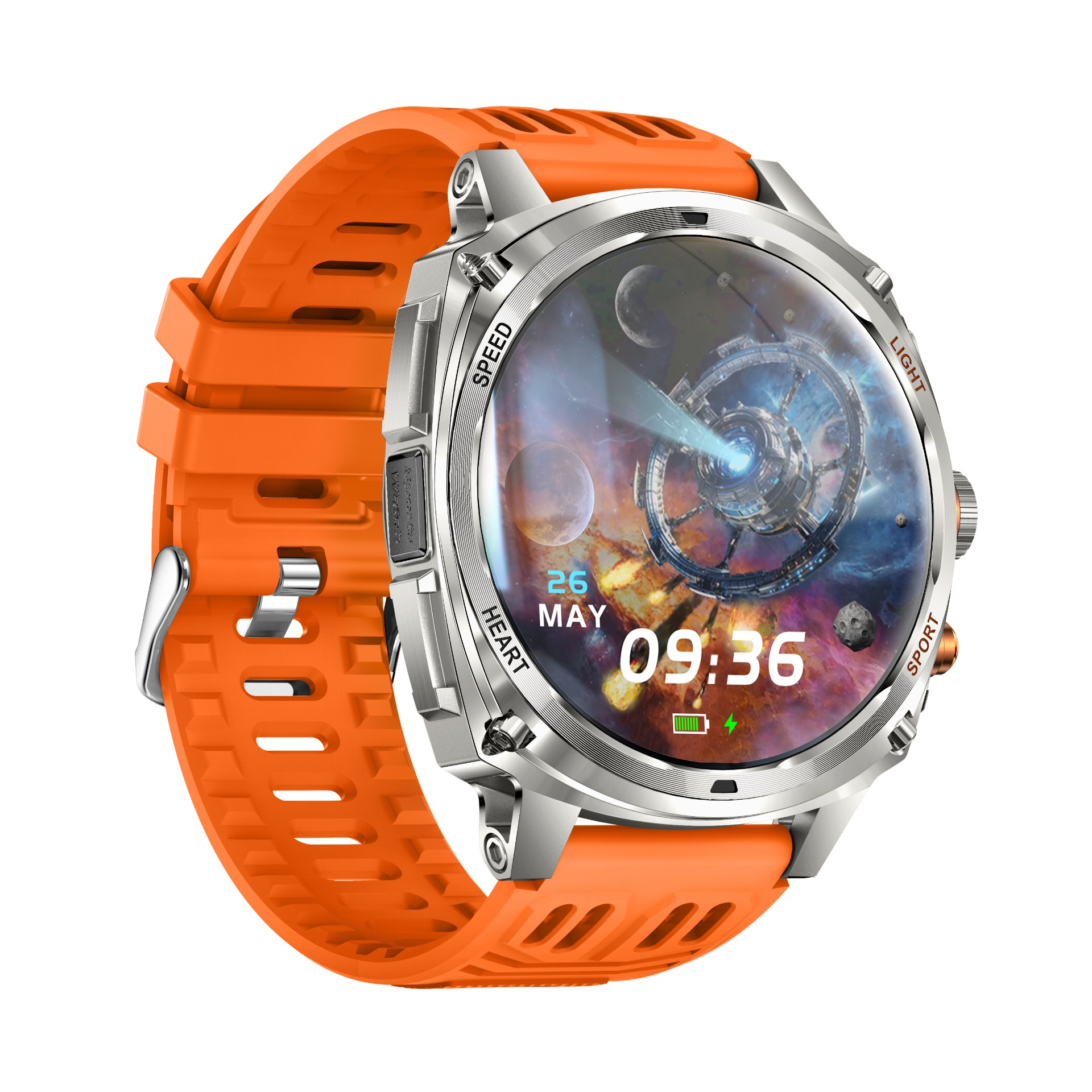 Eine robuste silberne Smartwatch mit orangem Silikonarmband zeigt ein Zifferblatt mit Weltraummotiv.