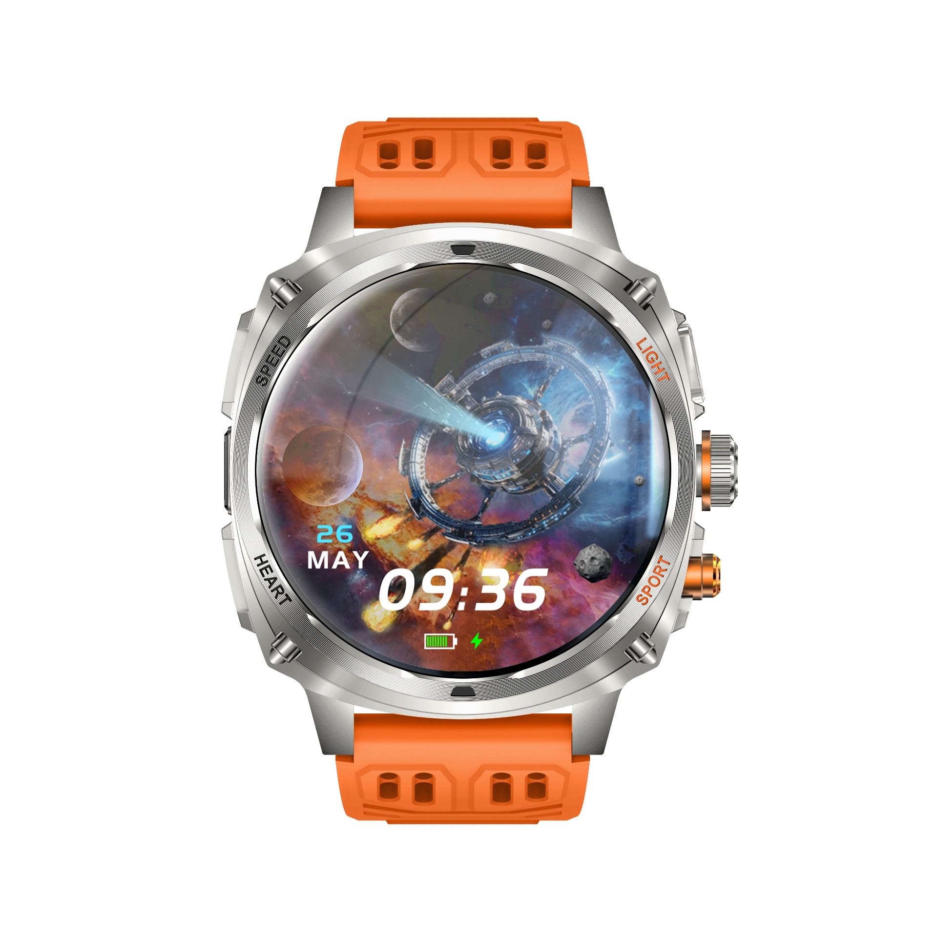 Silberne Smartwatch mit orangefarbenem Armband und einem Zifferblatt mit Weltraummotiv.