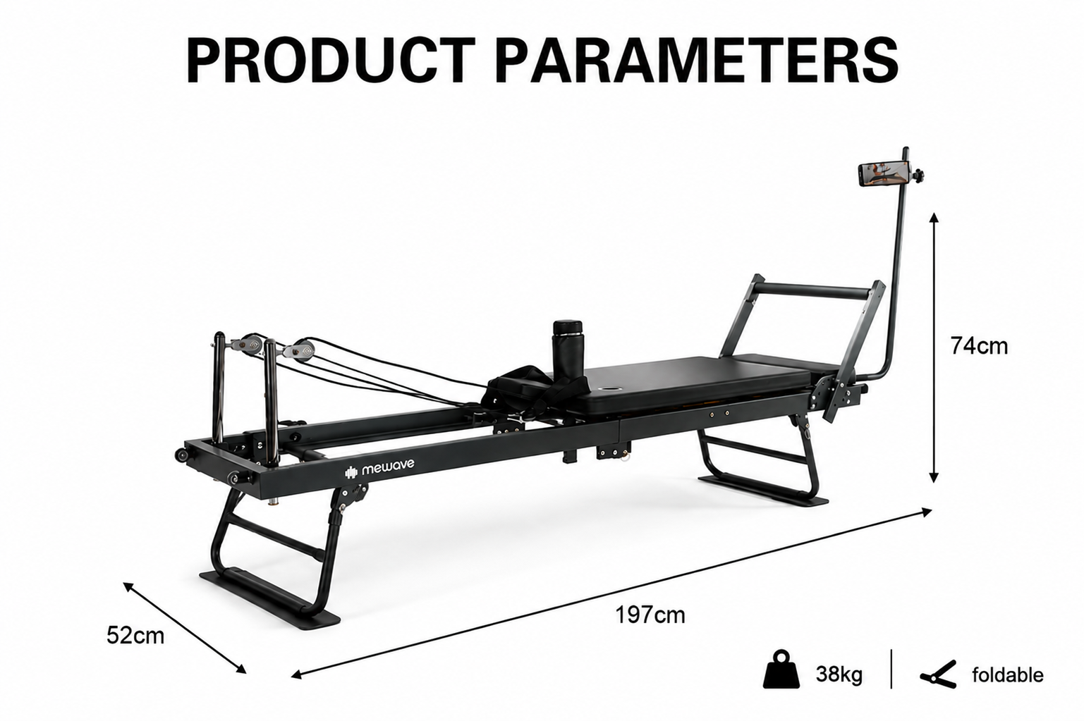 Parámetros de producto de una máquina de pilates reformer negra, con dimensiones de 197cm de largo, 52cm de ancho y 74cm de alto.