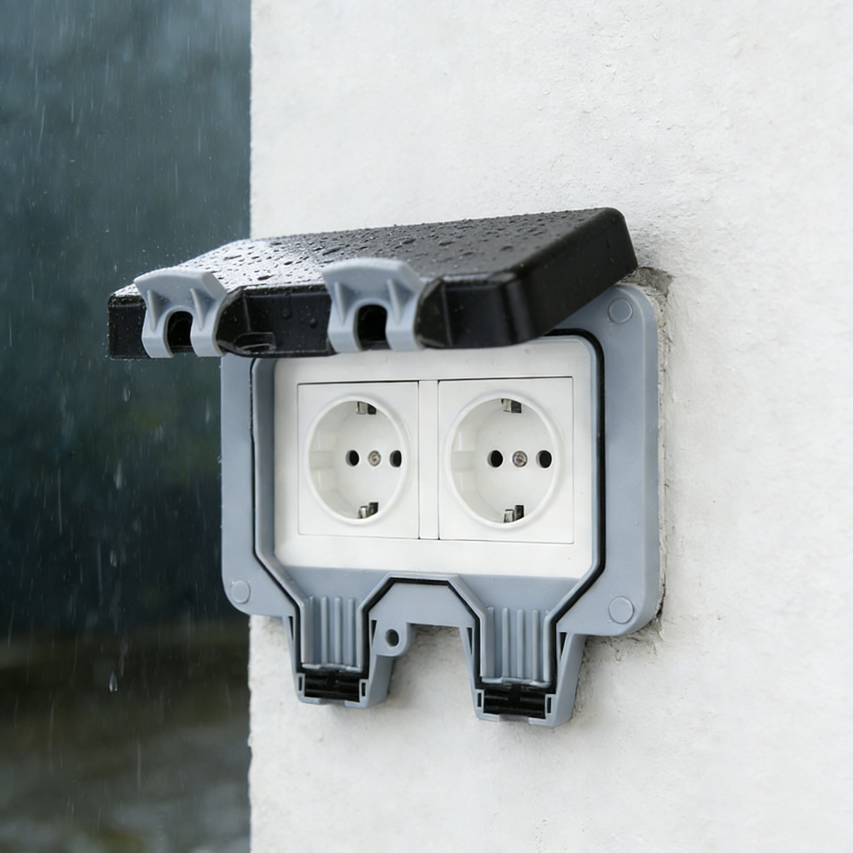 Wasserdichte Doppelsteckdose mit Schutzklappe an einer weißen Außenwand im Regen.