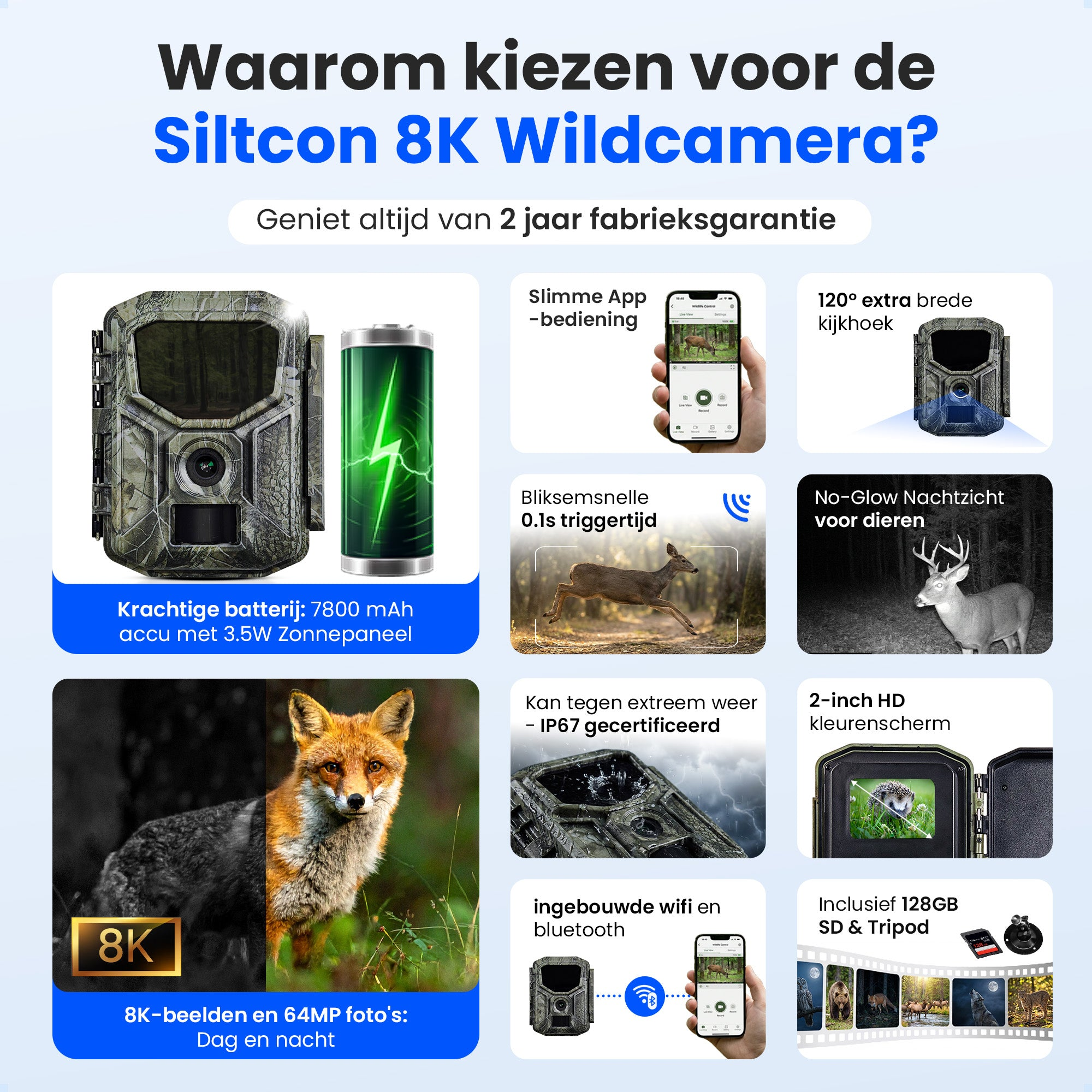 Productadvertentie voor Siltcon wildcamera met batterij, app, nachtzicht en 8K resolutie.