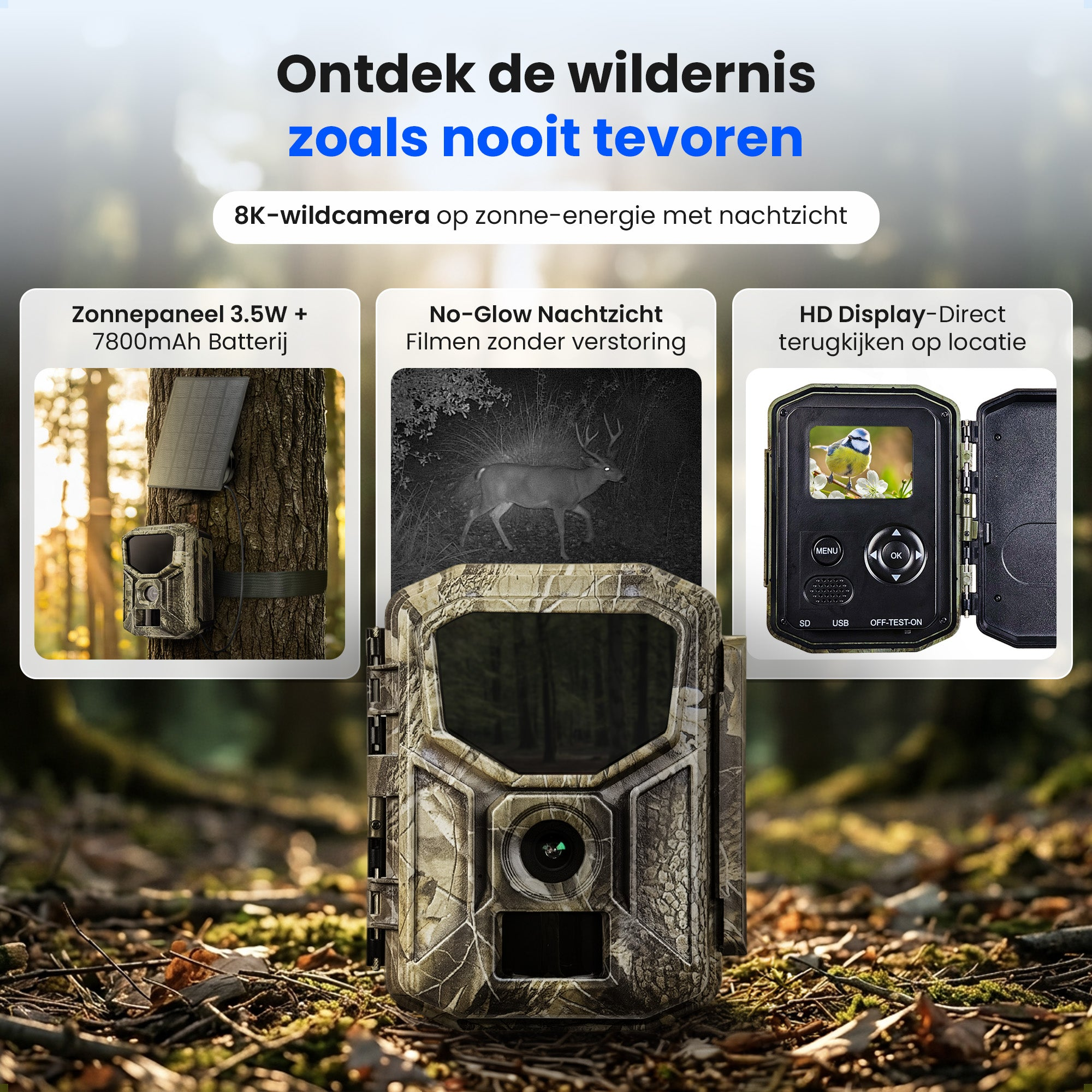Advertentie voor een 8K zonne-wildcamera met zonnepaneel, nachtzicht en HD-display.