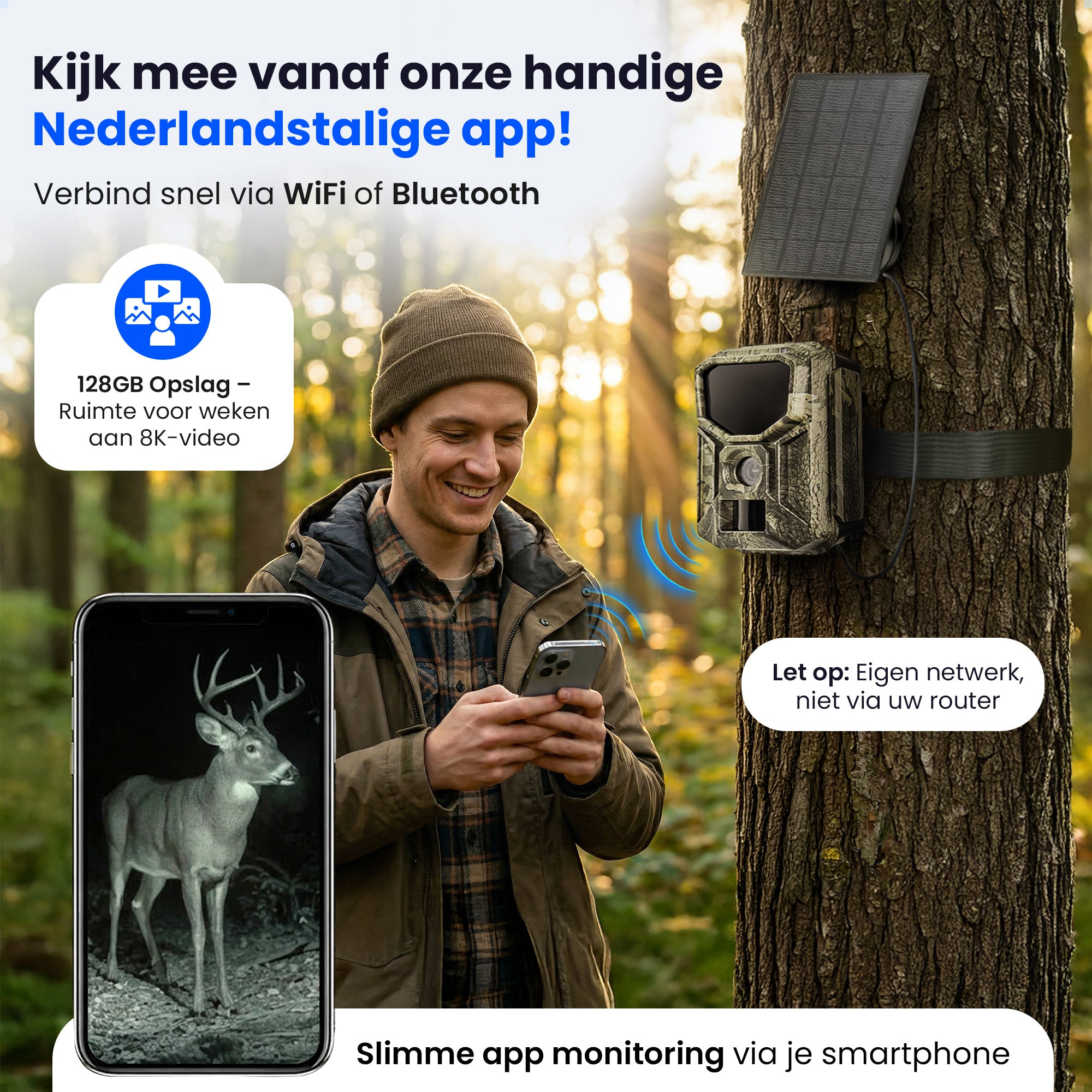 Een lachende man in een bos gebruikt een smartphone-app verbonden met een wildcamera op een boom.