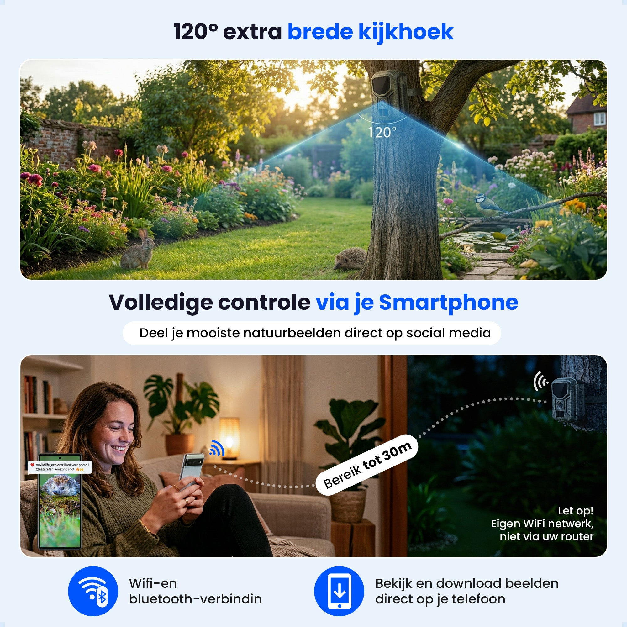 Een wildcamera op een boom legt een tuin vast; een vrouw bedient hem via smartphone.