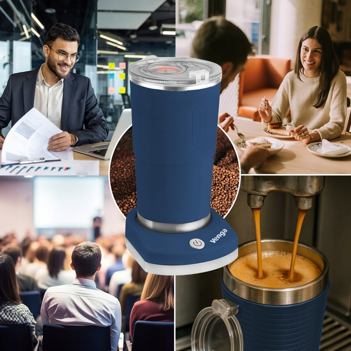 Ein blauer Becher im Zentrum, umgeben von Szenen mit einem Mann, Leuten im Café, einer Präsentation und Espresson.