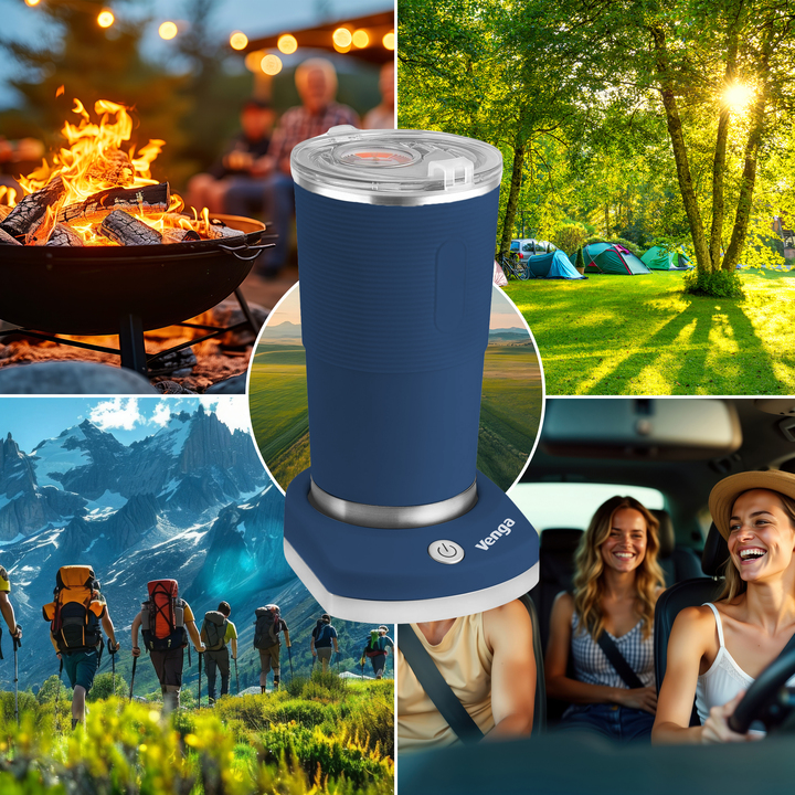 Eine blaue Thermoskanne im Zentrum zeigt Outdoor-Szenen wie Lagerfeuer, Zelte, Wandern und Autofahren.