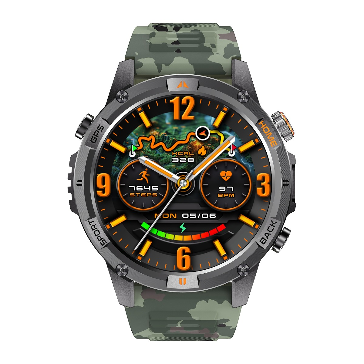 Uno smartwatch robusto con quadrante digitale, cinturino mimetico, dettagli arancioni e display per passi e frequenza cardiaca.