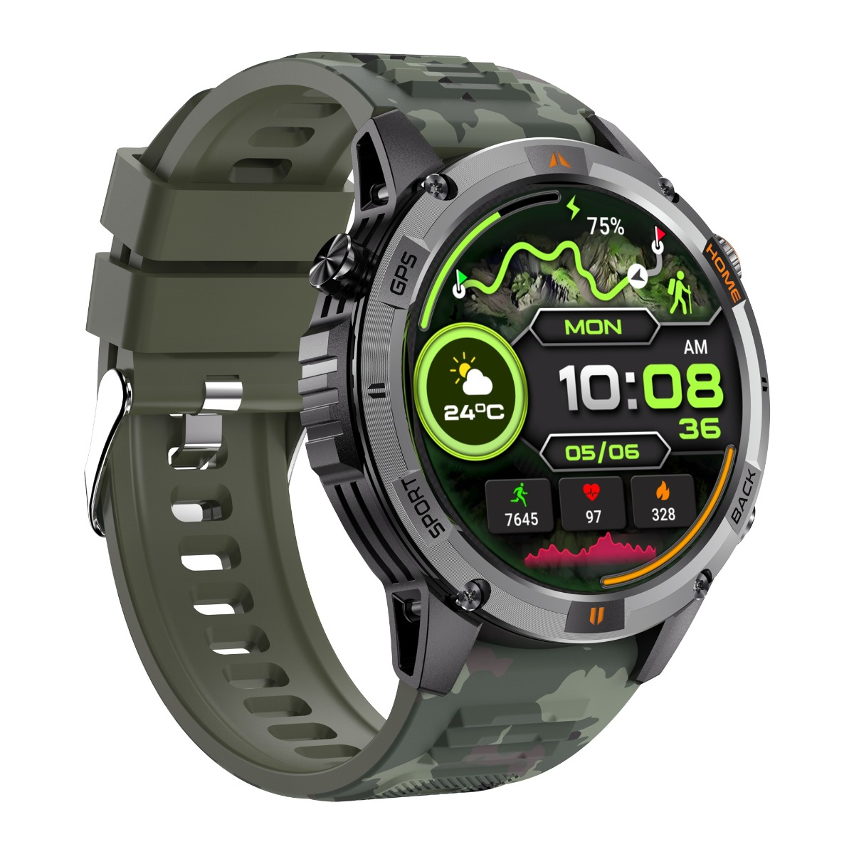 Uno smartwatch verde mimetico con display digitale che mostra ora, meteo e dati di fitness.