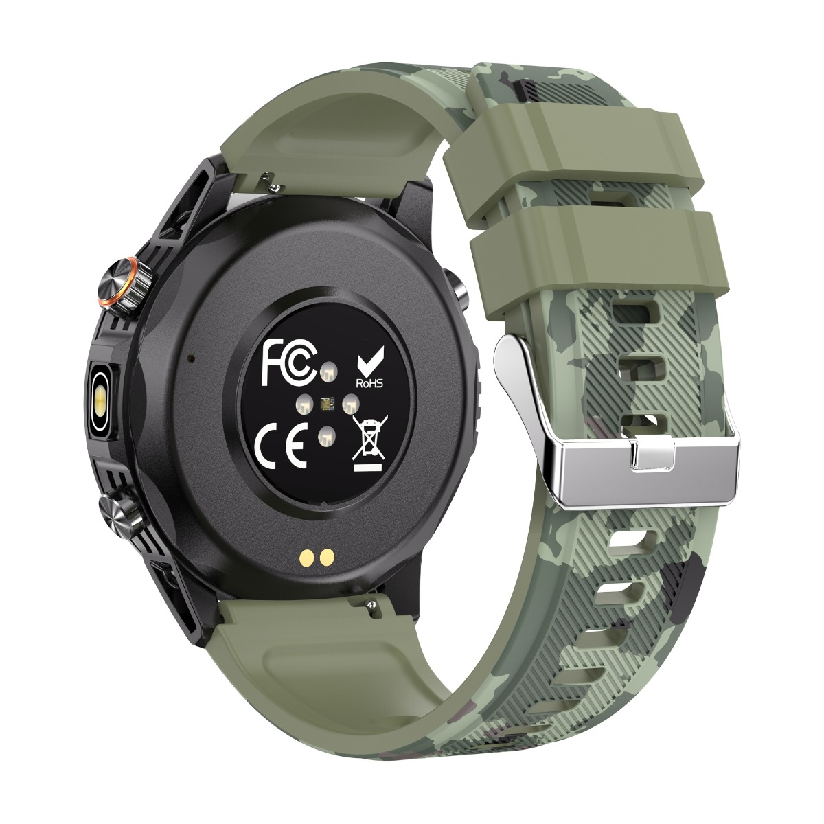 Vista posteriore di uno smartwatch nero con cinturino in silicone camouflage verde su sfondo bianco.