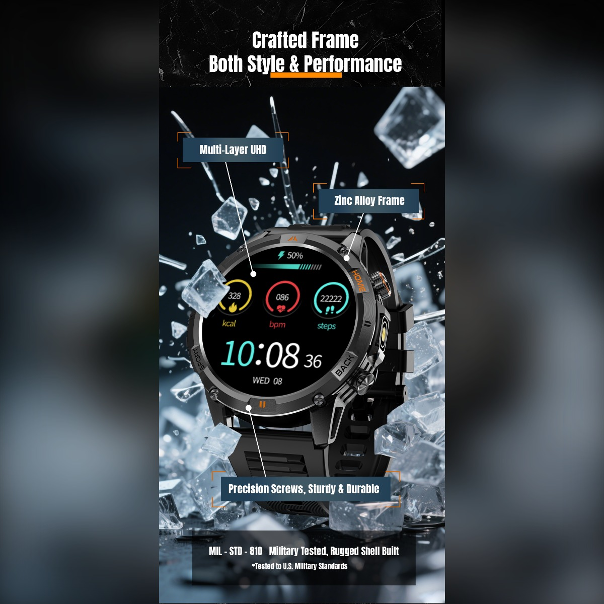 Smartwatch robusto con cornice in metallo circondato da ghiaccio, che evidenzia UHD, lega di zinco e viti.