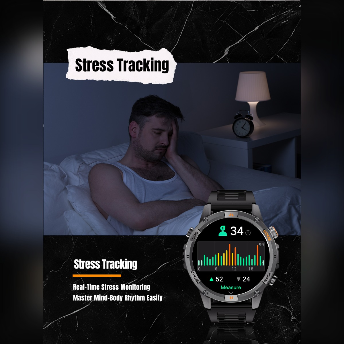 Un uomo stressato a letto e uno smartwatch che mostra dati di monitoraggio dello stress.