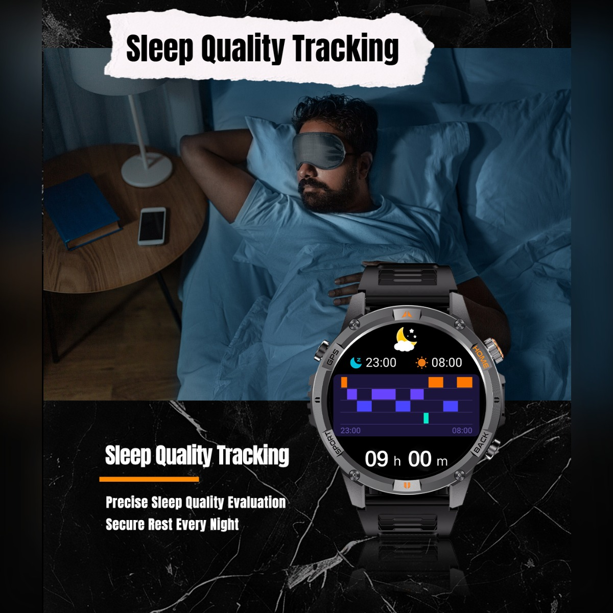 Un uomo dorme con mascherina, accanto a uno smartwatch che traccia il sonno.