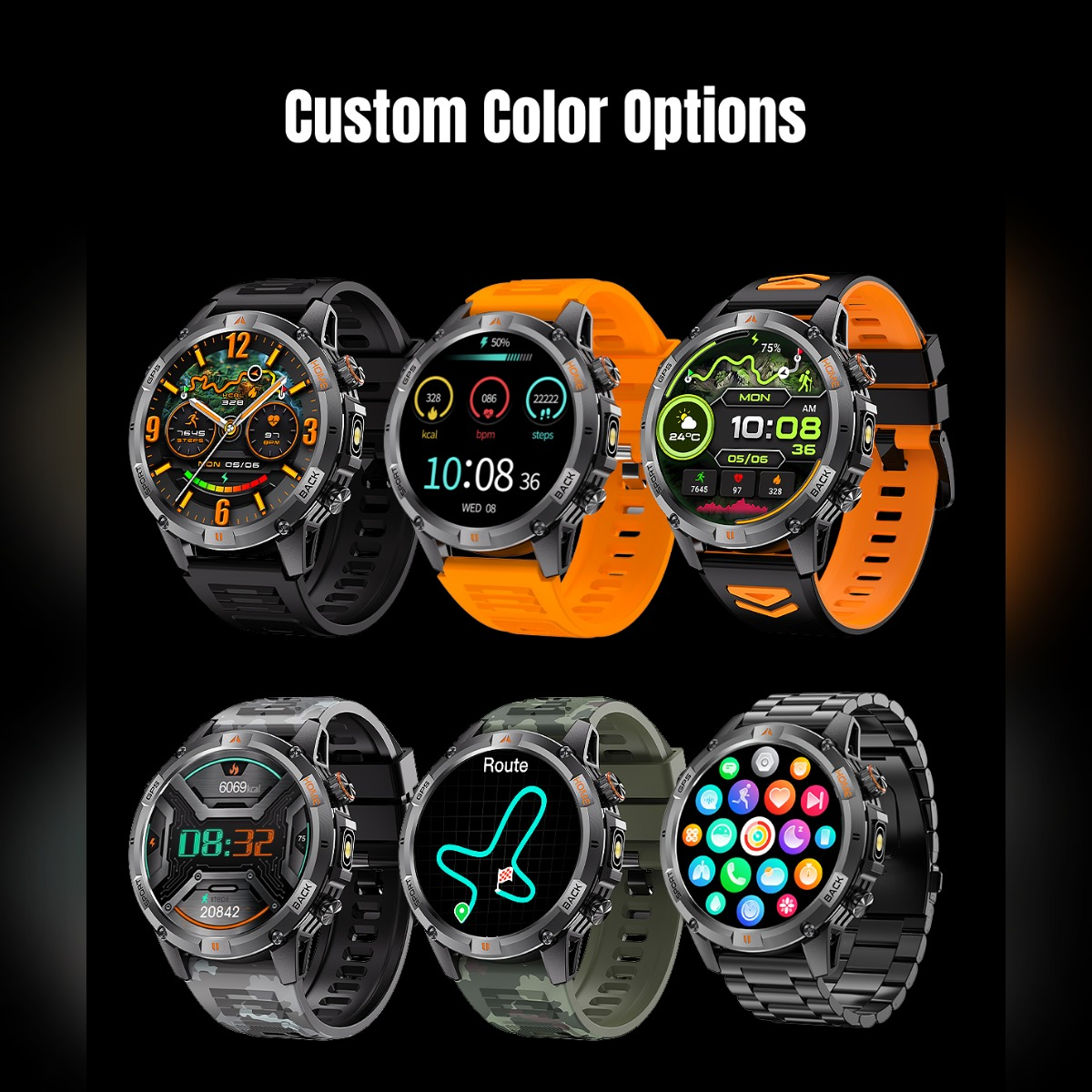 Sei smartwatch con varie opzioni di colore personalizzate, cinturini e quadranti digitali su sfondo nero.