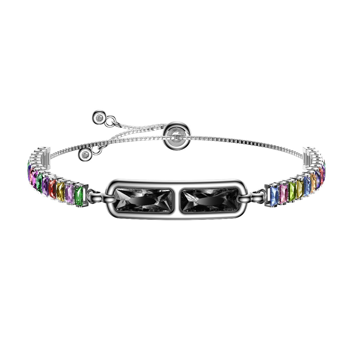 Ein silbernes Armband mit zwei großen schwarzen Steinen und bunten kleinen Steinen an den Seiten.