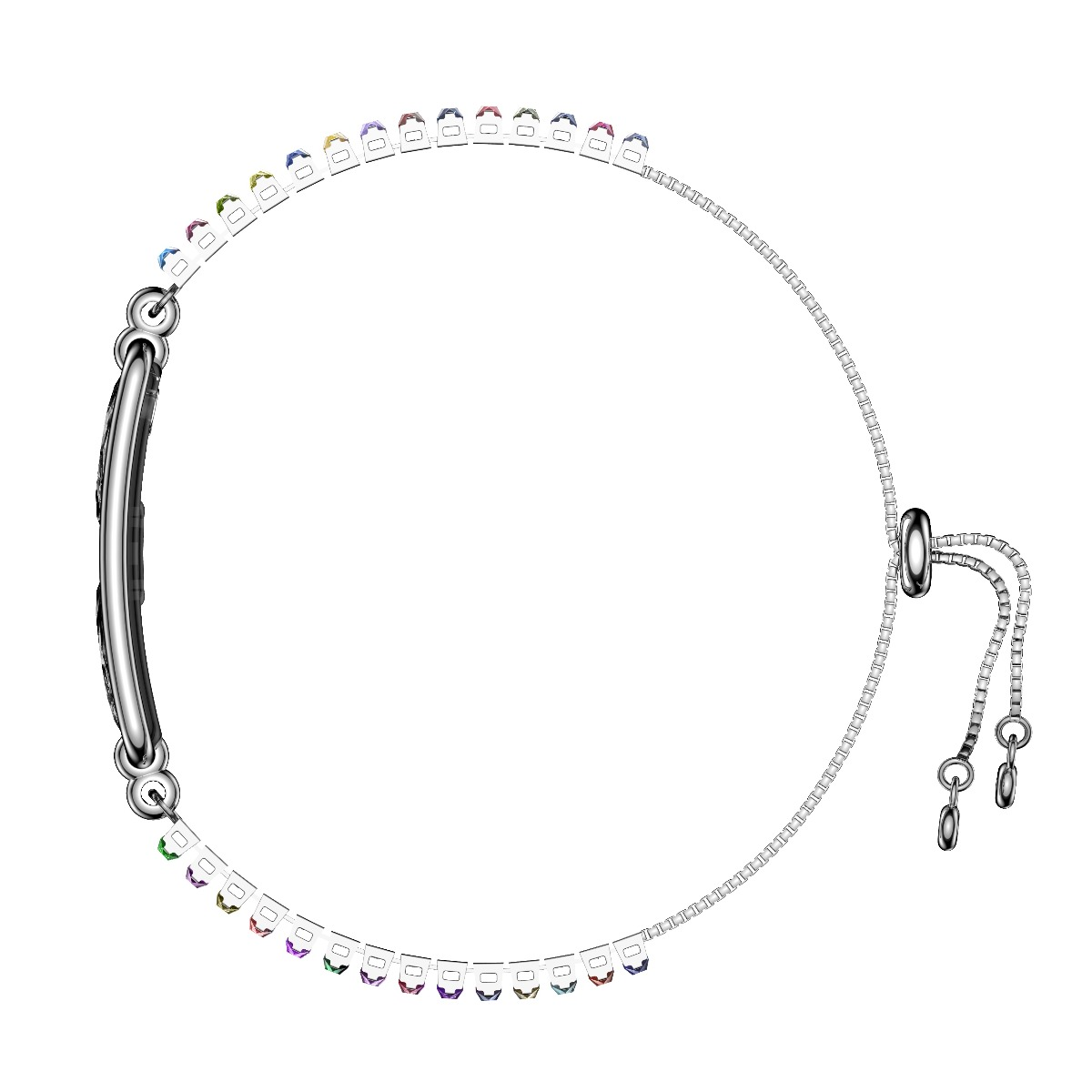 Ein silbernes Armband mit einer Reihe kleiner, bunter Edelsteine, einem zentralen Balken und einem verstellbaren Verschluss.