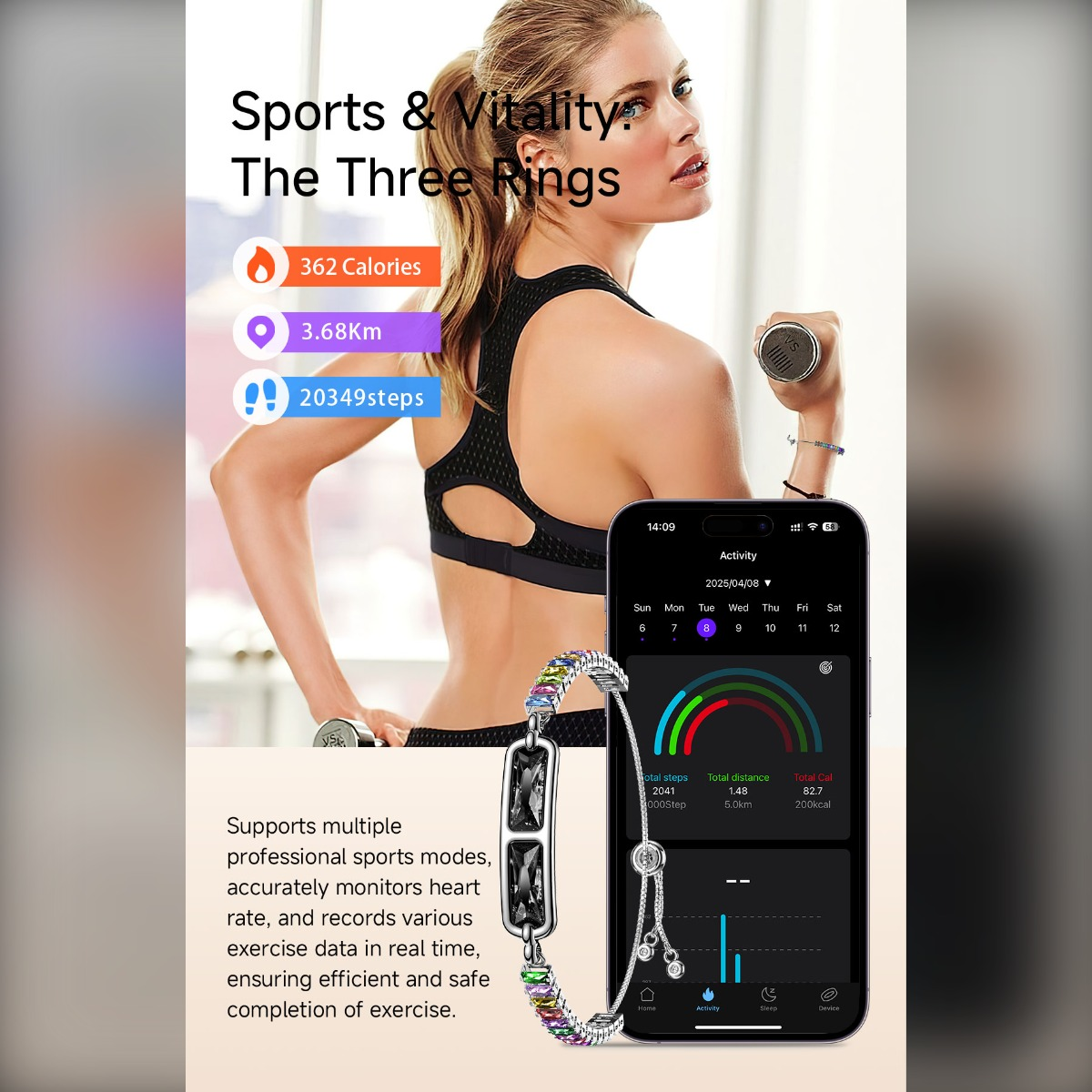 Fitness-Tracker-Promo mit sportlicher Frau, Smartwatch-App-Oberfläche und Aktivitätsdaten.