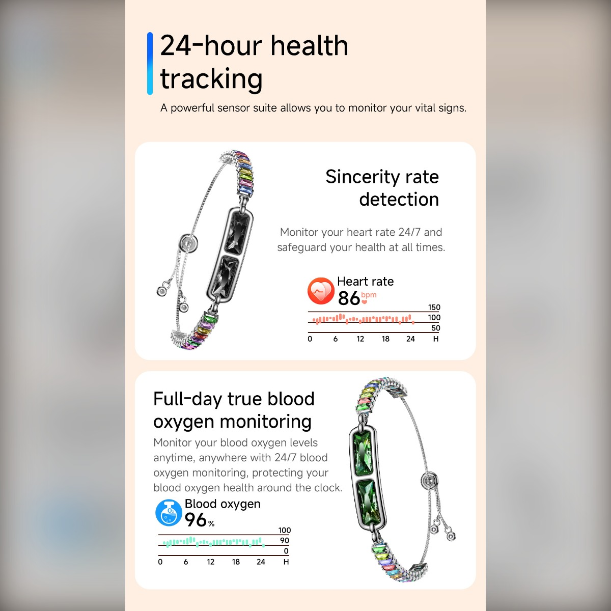 Werbung für ein Fitnessarmband mit 24-Stunden-Gesundheitsüberwachung, Herzfrequenz- und Blutsauerstoffmessung.