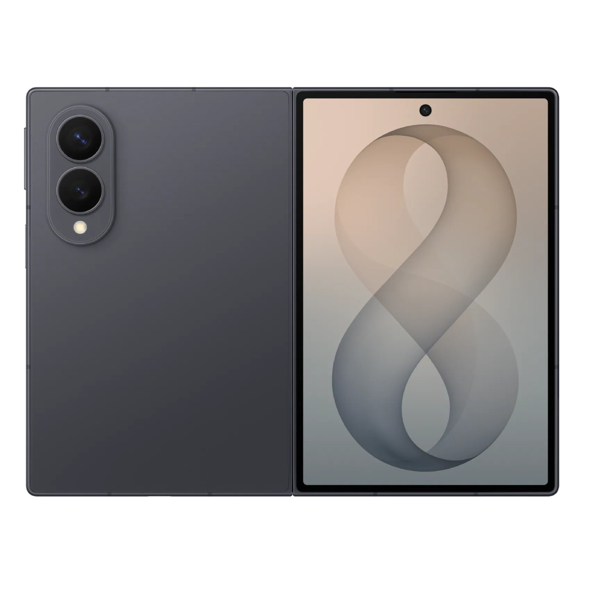 Ein dunkelgraues faltbares Smartphone zeigt die Rückseite mit Dual-Kamera und den Startbildschirm.