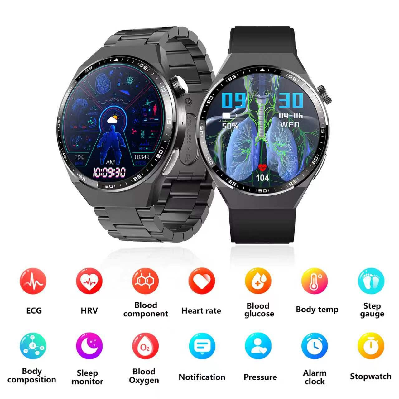 Zwei Smartwatches zeigen Gesundheitsdaten, darunter Symbole für Gesundheitsfunktionen auf weißem Hintergrund.