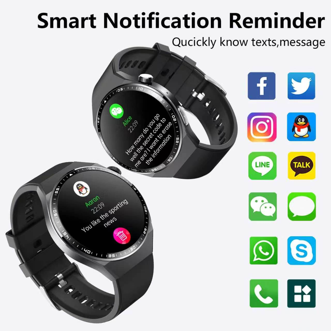 Zwei schwarze Smartwatches zeigen Benachrichtigungen neben Social-Media-App-Logos.