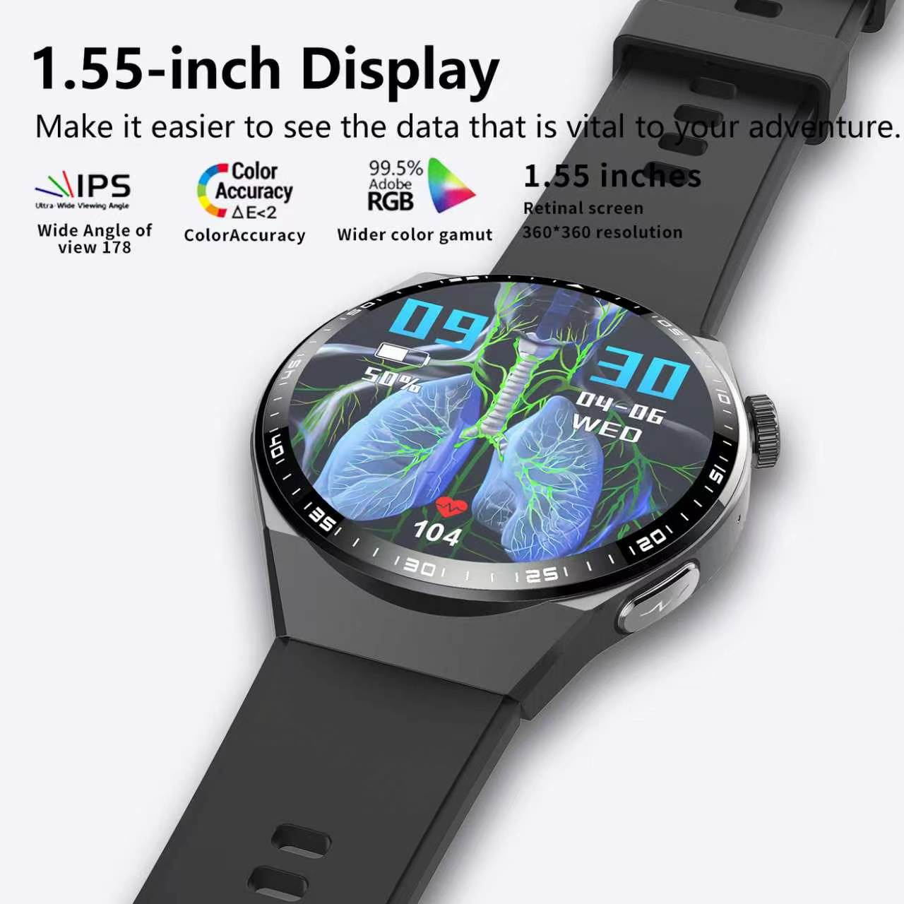Eine runde Smartwatch mit schwarzem Armband und digitalem Display zeigt Uhrzeit, Datum und Herzfrequenz an.