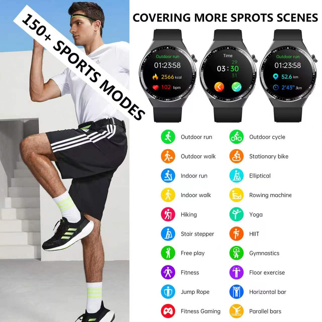 Ein Athlet in Sportkleidung neben drei Smartwatches und einer Liste von über 150 Sportmodi.