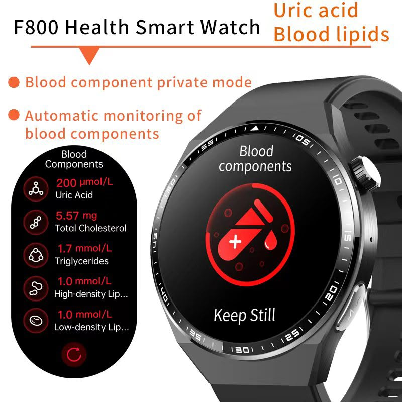 F800 Health Smart Watch überwacht Blutkomponenten mit Harnsäure- und Blutfettdaten.
