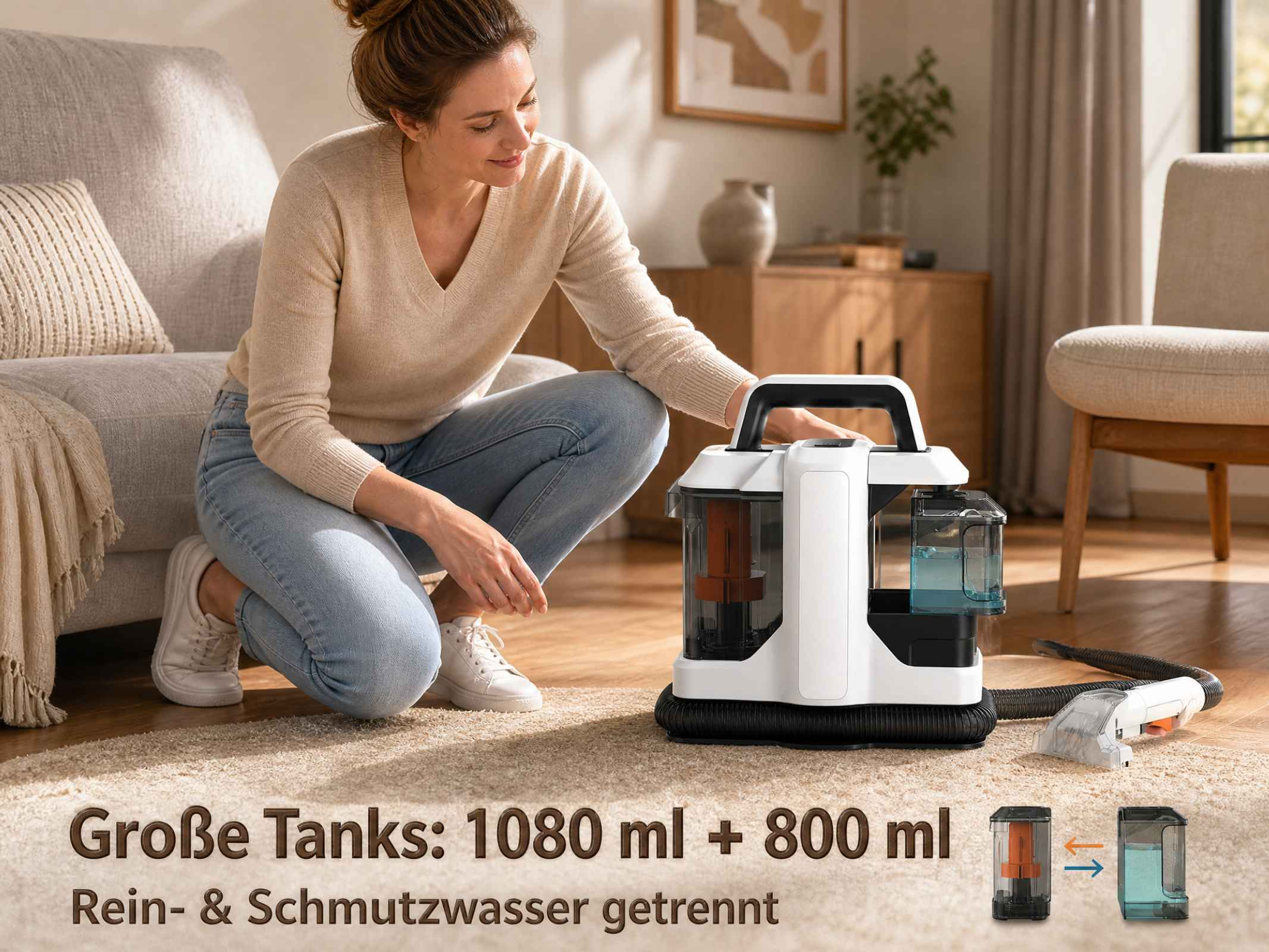 Eine Frau kniet auf einem Teppich neben einem weißen Nasssauger mit zwei Wassertanks.
