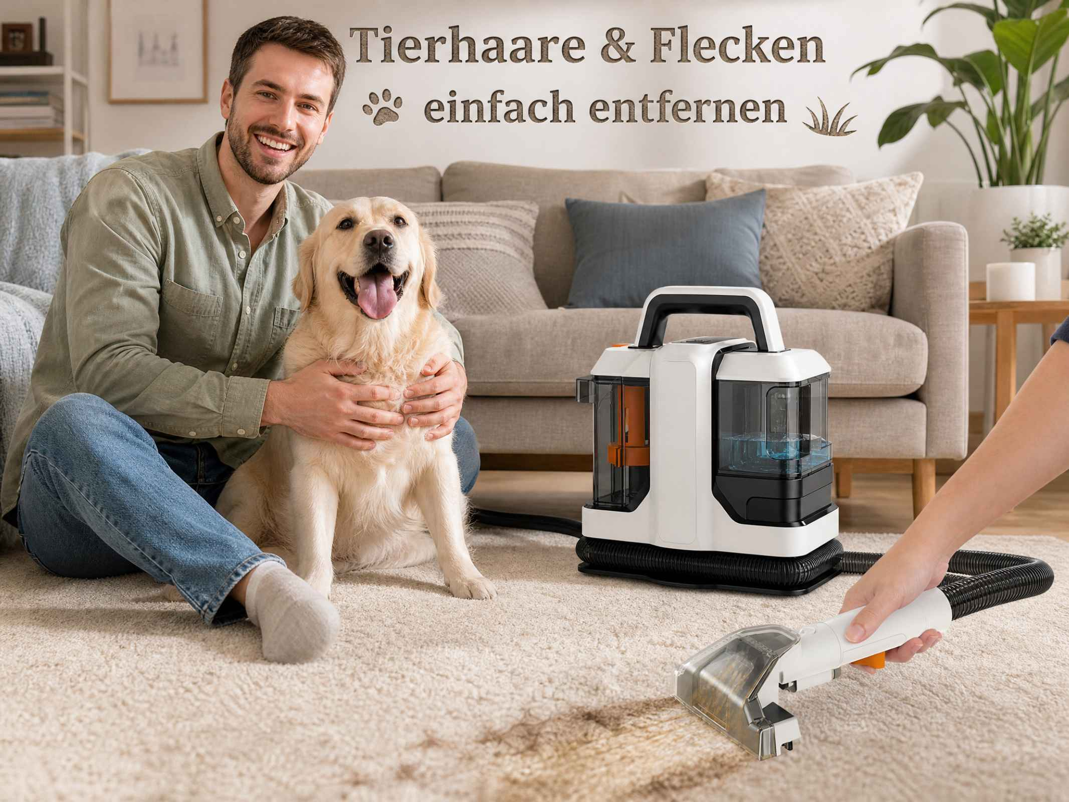 Ein Mann sitzt mit seinem Golden Retriever im Wohnzimmer vor einem weißen Teppichreiniger.