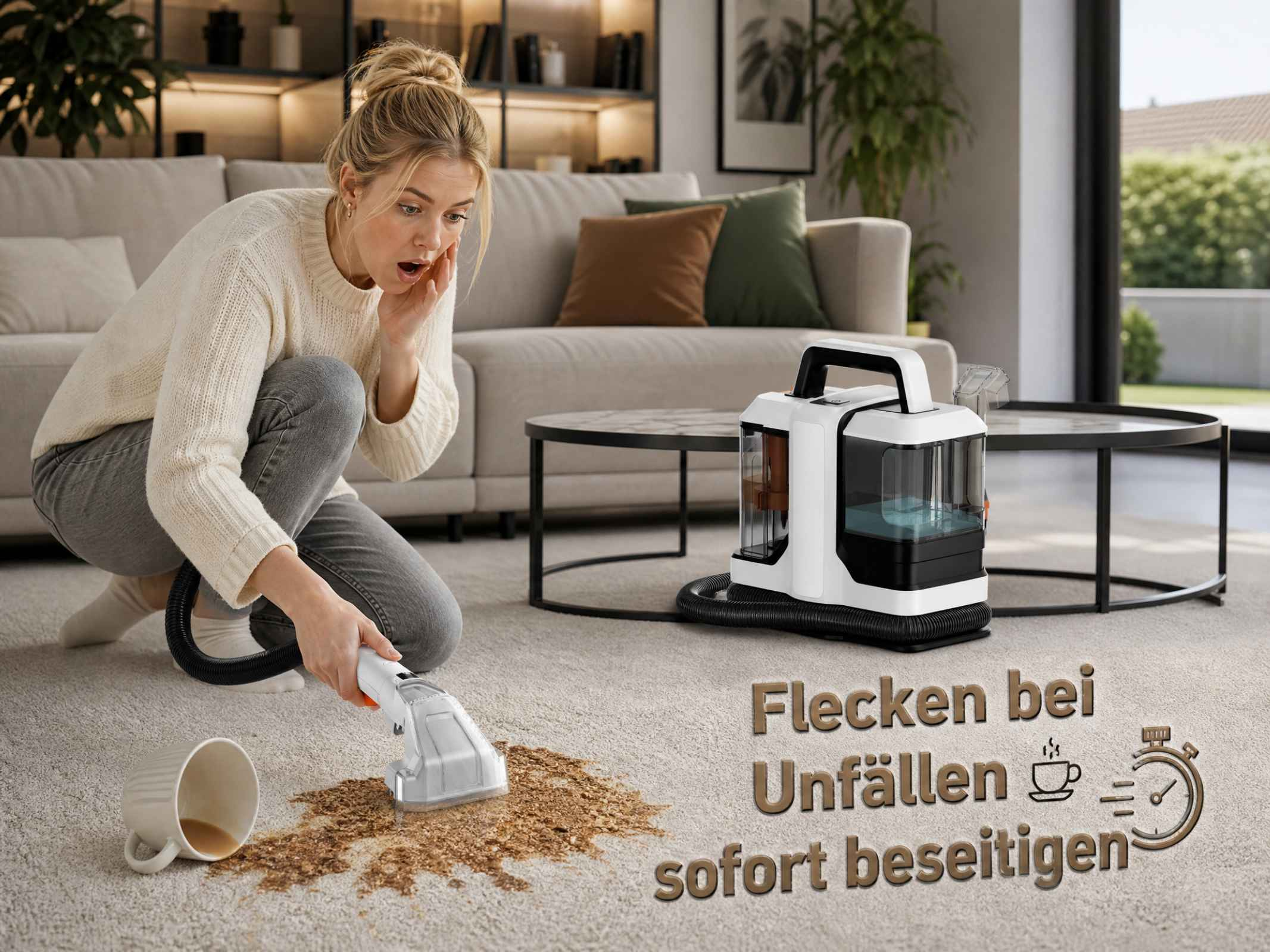 Eine Frau in einem Wohnzimmer reinigt verschütteten Kaffee auf dem Teppich mit einem tragbaren Gerät.