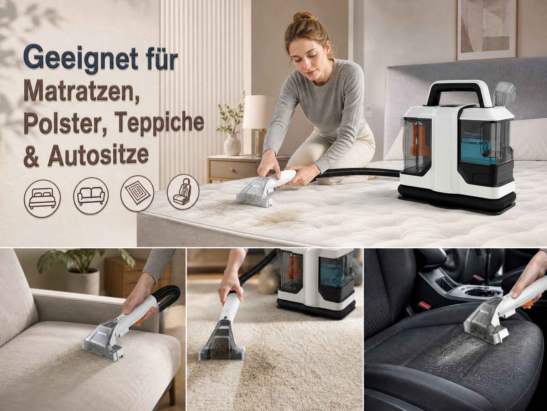 Eine Frau benutzt einen tragbaren Teppichreiniger auf Matratze, Sofa, Teppich und Autositz.