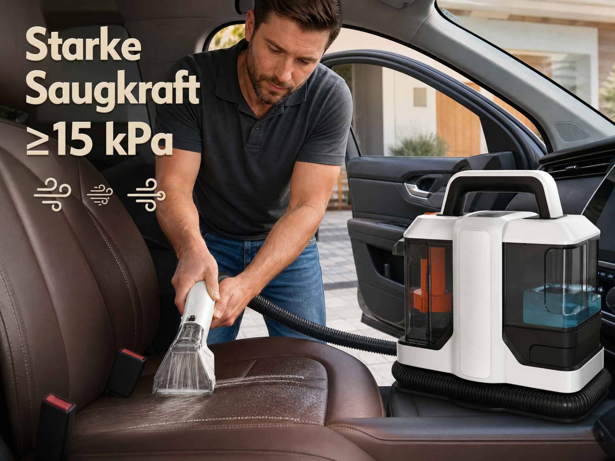 Ein Mann reinigt den braunen Autositz mit einem weißen Nass-Trockensauger.