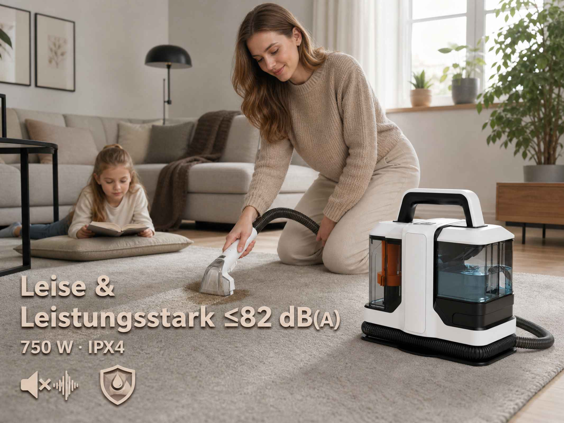Frau reinigt Teppich mit weißem Staubsauger im Wohnzimmer, während ein Kind liest.