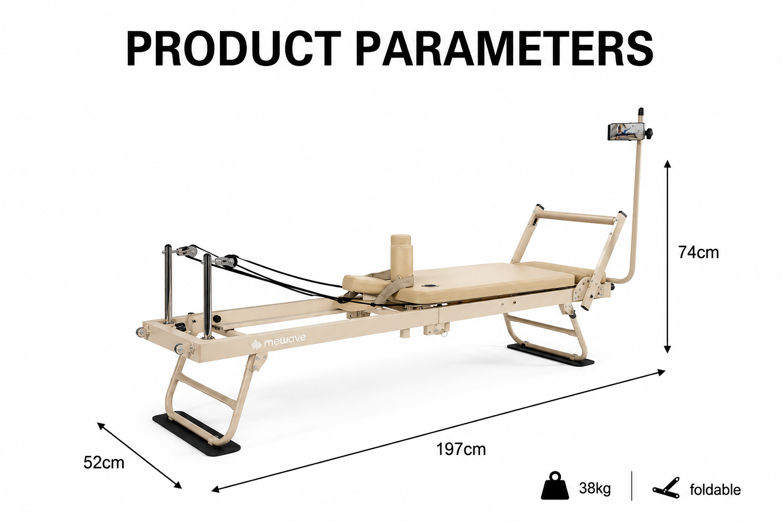 Máquina de pilates beige con dimensiones: 197cm largo, 52cm ancho, 74cm alto, 38kg, plegable.
