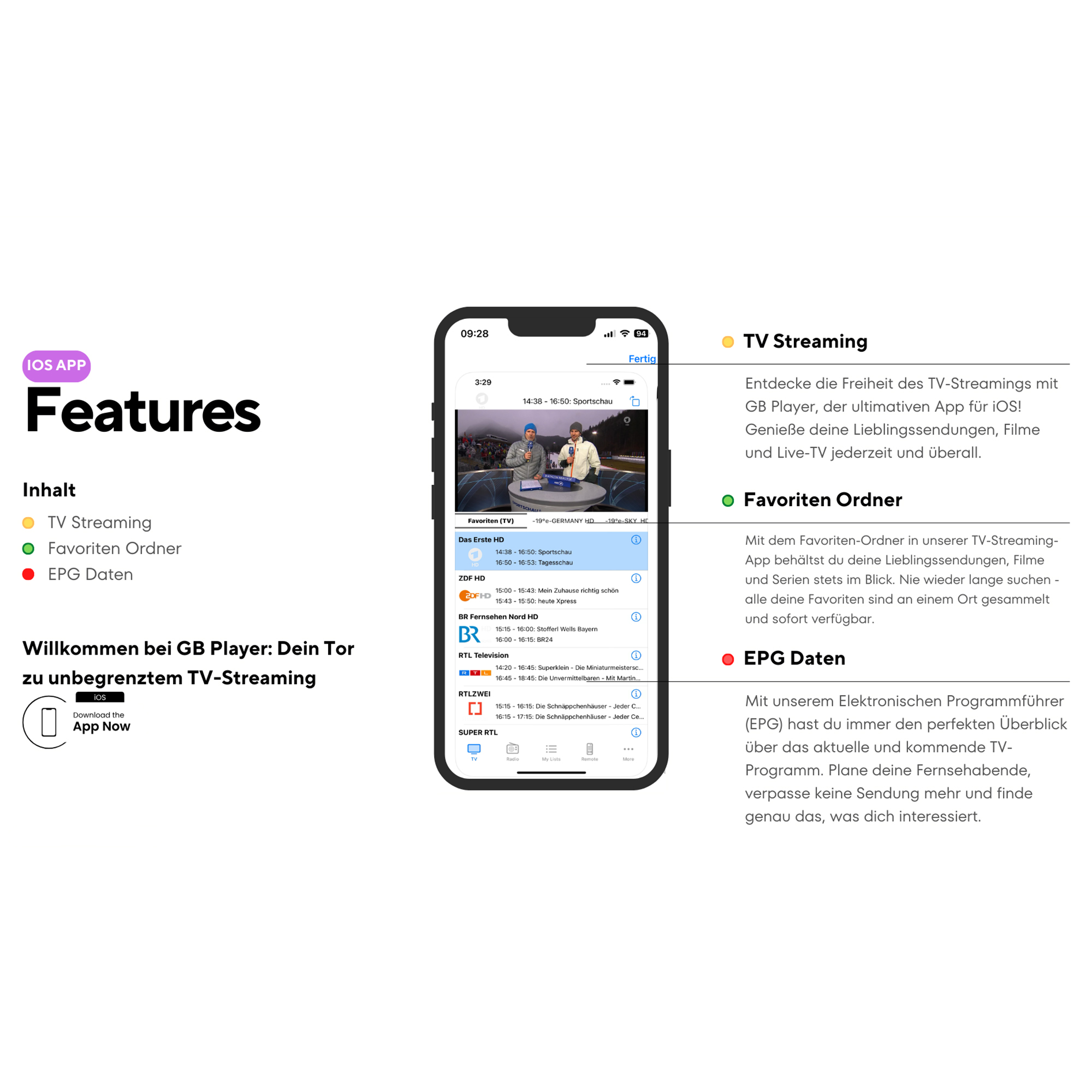 Präsentation der GB Player iOS App mit TV-Streaming, Favoritenordner und EPG-Daten auf einem Smartphone.