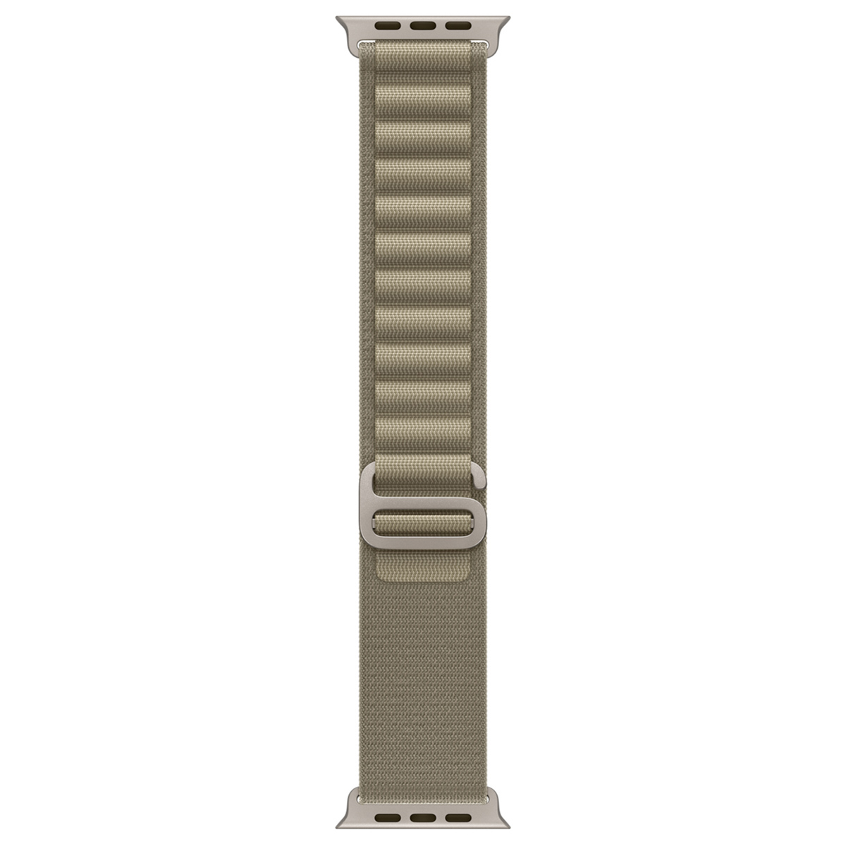 Beige Apple Watch Alpine Loop watch band with metal hardware on a white background.