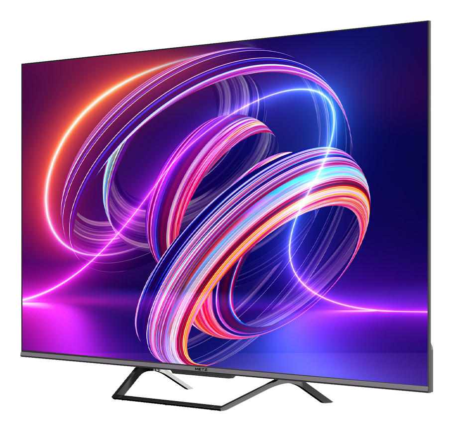 Televisore a schermo piatto che mostra un motivo di luce al neon colorato e vorticoso.