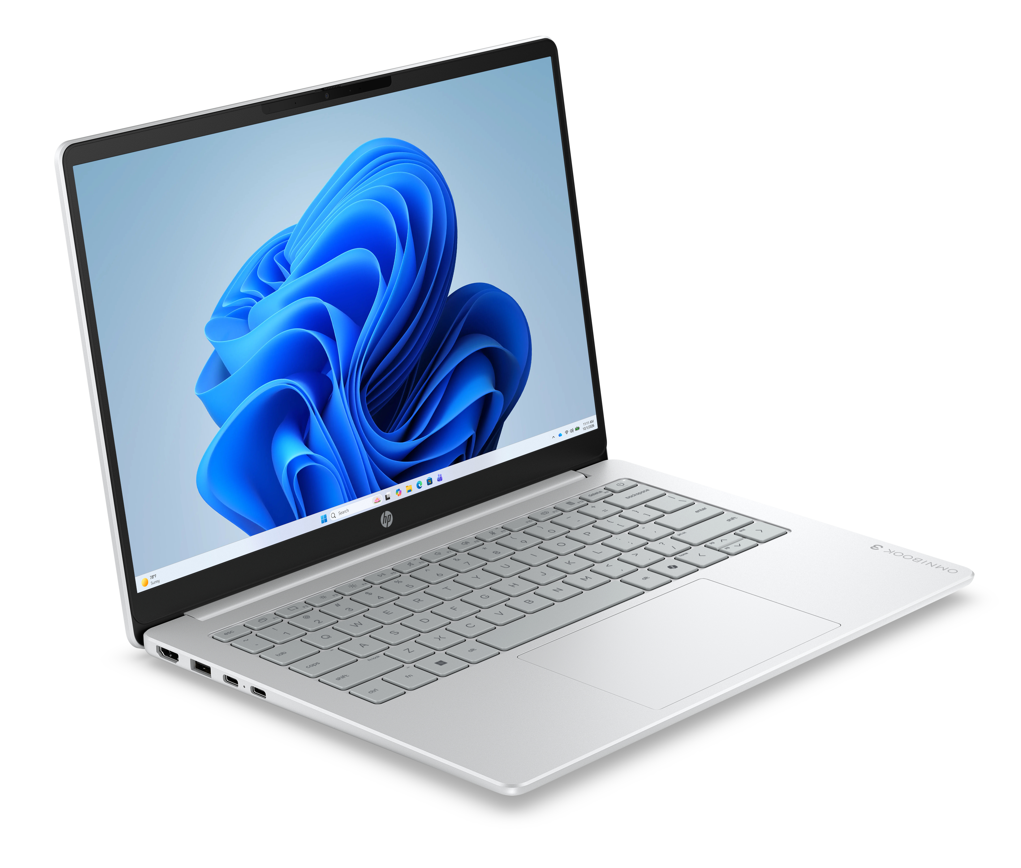 A silver HP Omnibook 3 laptop with a blue Windows 11 wallpaper is open on a white background.