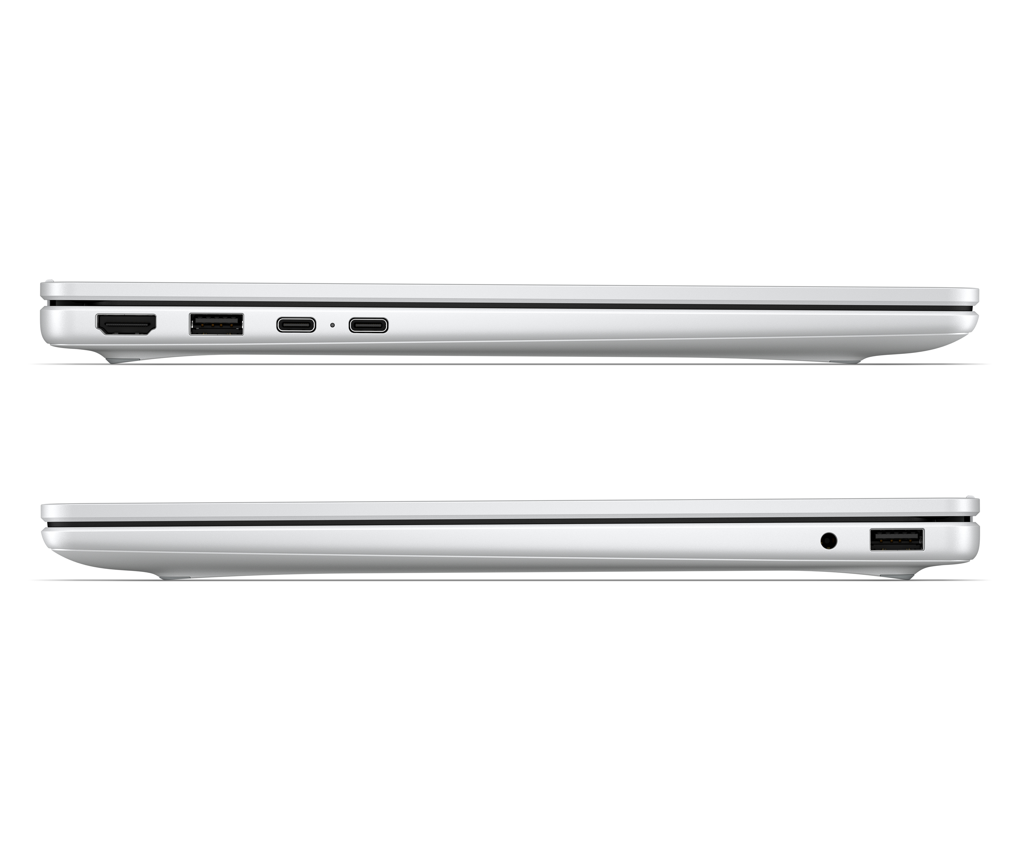 Side views of a silver laptop showcasing various ports on both sides.