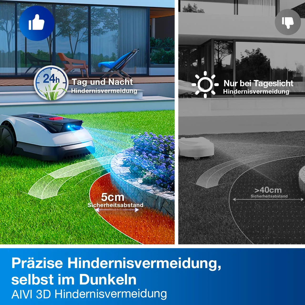 Vergleich zweier Mähroboter: Einer mäht nachts mit 5cm Abstand, der andere nur bei Tageslicht mit 40cm Abstand.