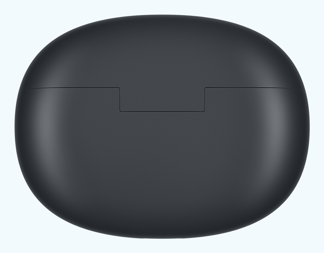 Ein geschlossenes, oval geschnittenes schwarzes Kopfhörer-Ladecase vor weißem Hintergrund.