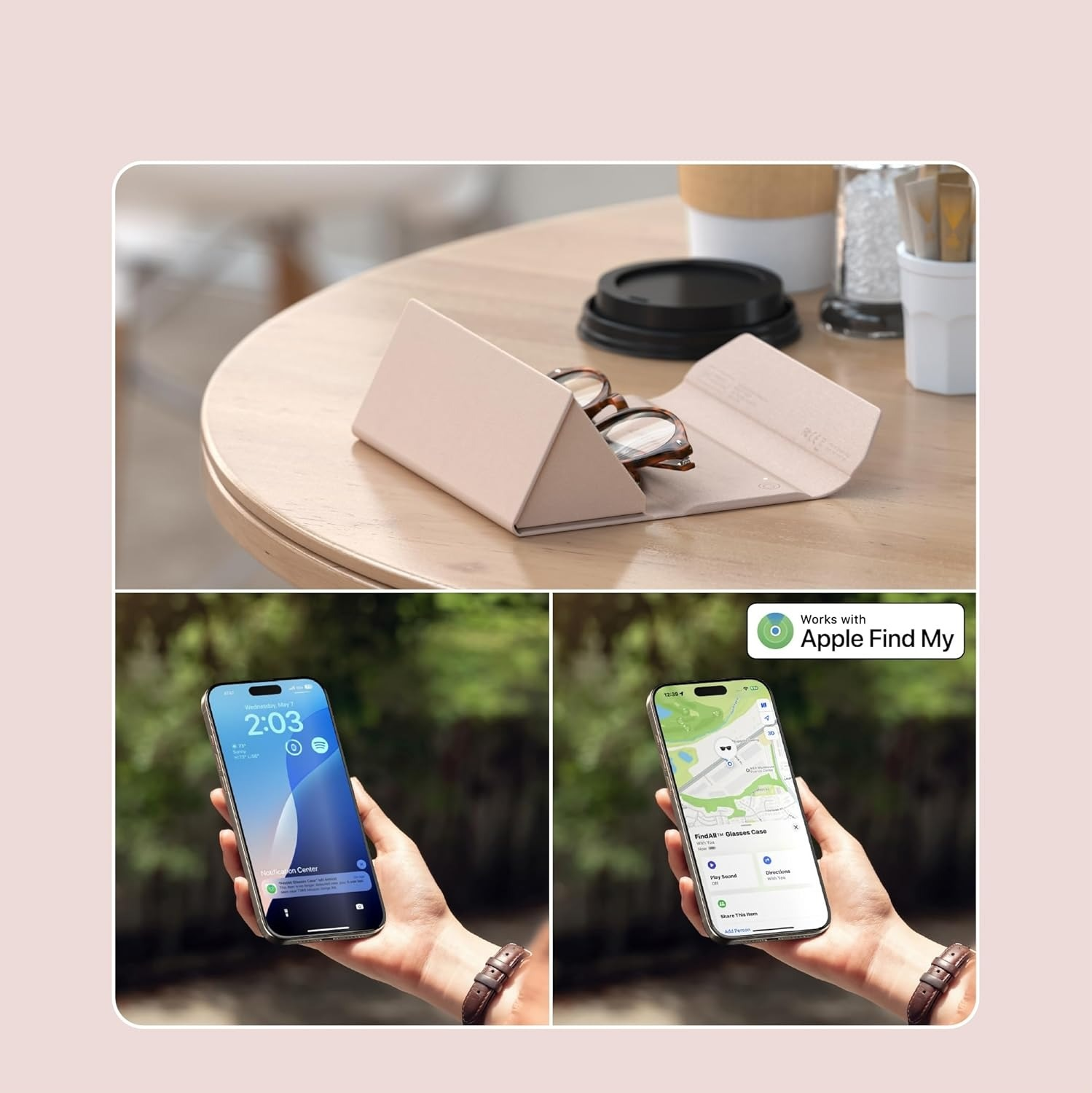 Różowe etui na okulary na drewnianym stole, obok dwa telefony z aplikacją Apple Find My.