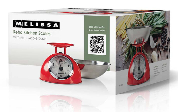 Opakowanie czerwonej wagi kuchennej retro Melissa z miską ze stali nierdzewnej i kodem QR.