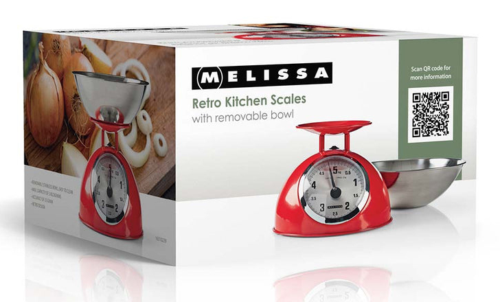 Opakowanie czerwonej wagi kuchennej Melissa w stylu retro z miską ze stali nierdzewnej.
