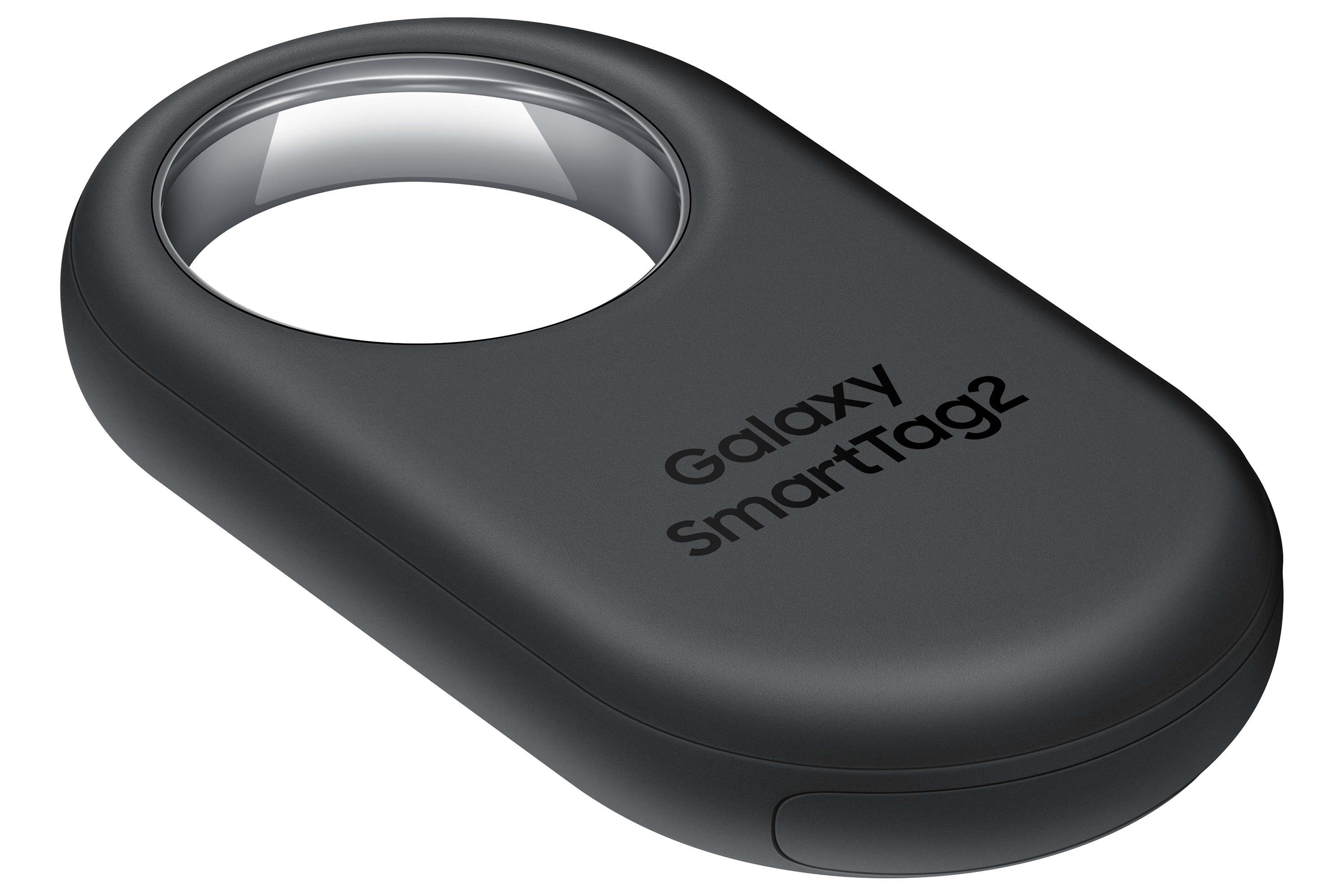 Ein schwarzer, länglicher Samsung Galaxy SmartTag2 mit einem runden Loch am oberen Ende.