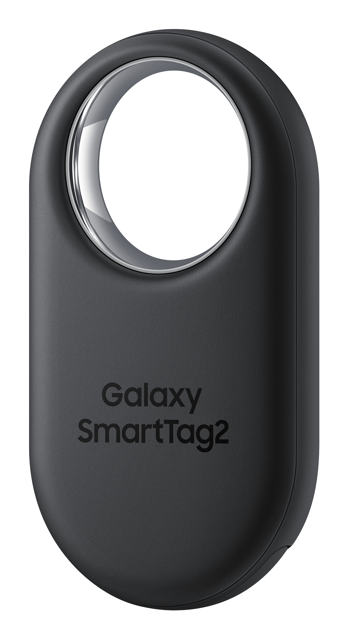 Ein schwarzer Samsung Galaxy SmartTag2 mit einem runden Loch oben und dem Logo.