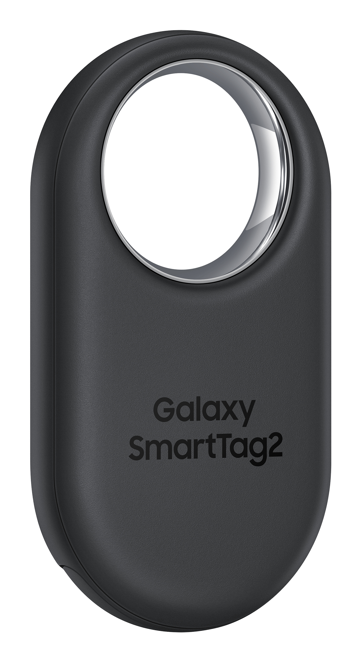 Ein schwarzer Galaxy SmartTag2 mit einer großen runden Öffnung oben und dem Markennamen in der Mitte auf weißem Grund.