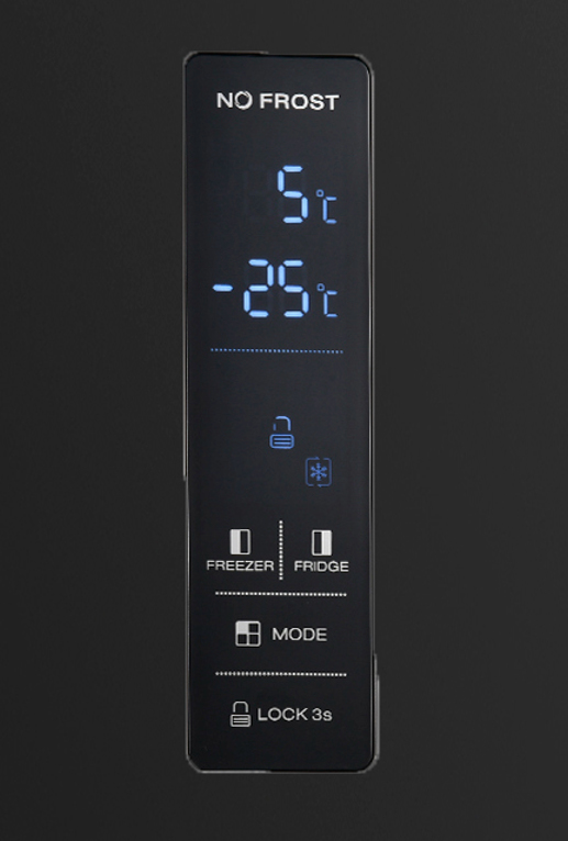 Black refrigerator control panel with blue LED displays showing temperature, freezer, fridge, mode, and lock options.