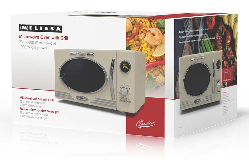Produktverpackung eines cremefarbenen Melissa Classico Mikrowellenherds mit Grill.