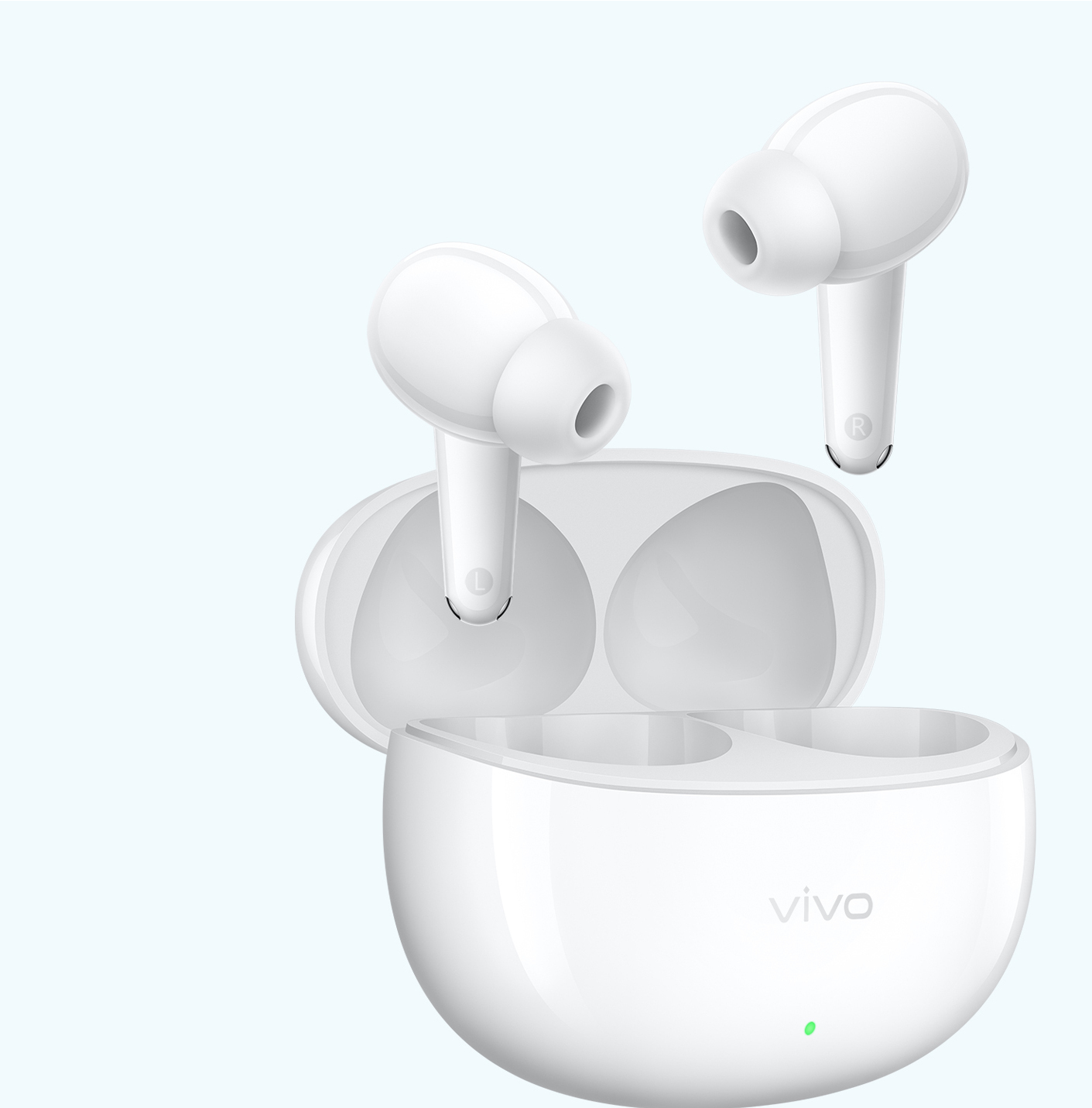 Weiße Vivo In-Ear-Kopfhörer mit offenem Ladecase auf hellem Hintergrund.